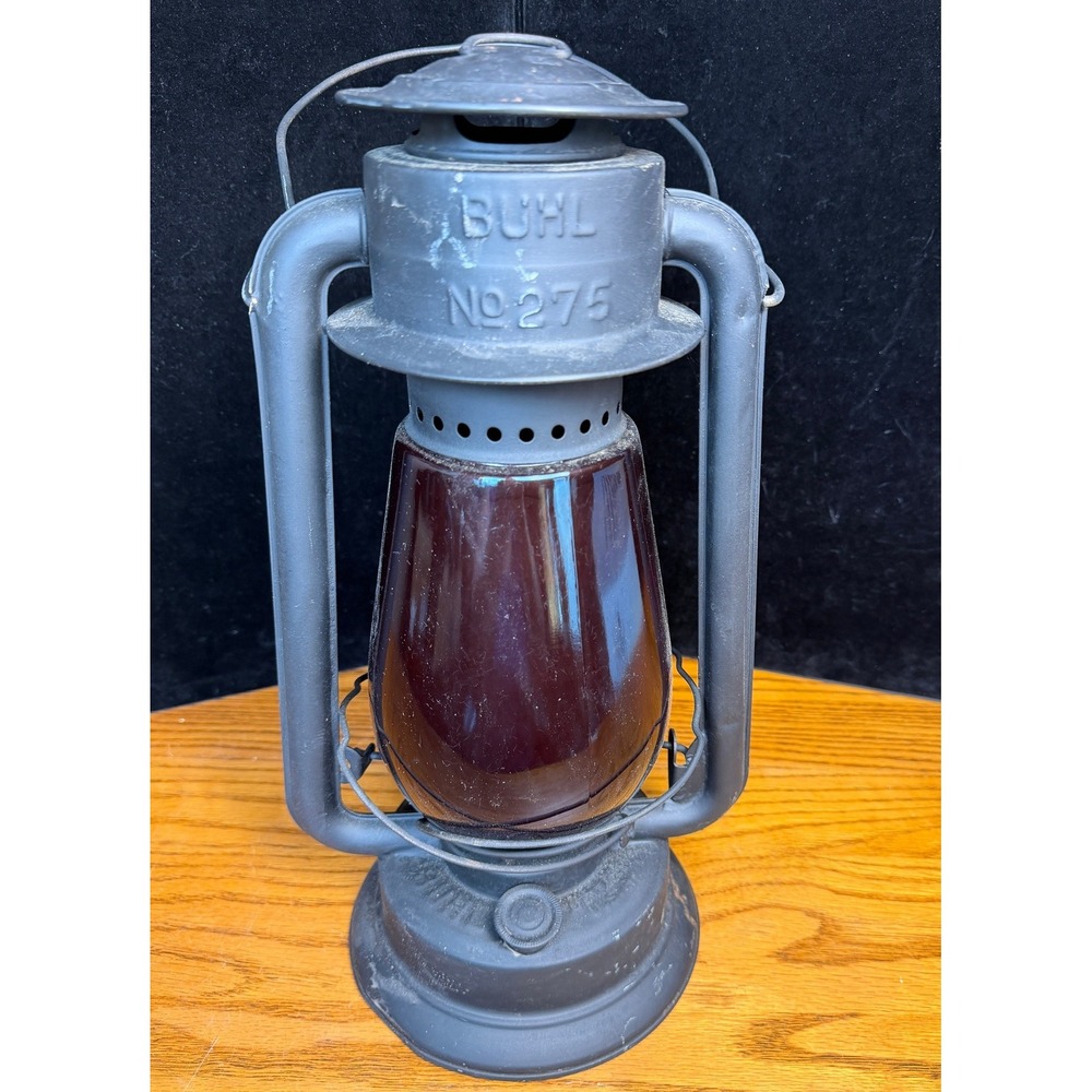 Vintage Buhl Hurricane Lantern No 275-Matte Black Metal, Ruby Red Glass Globe